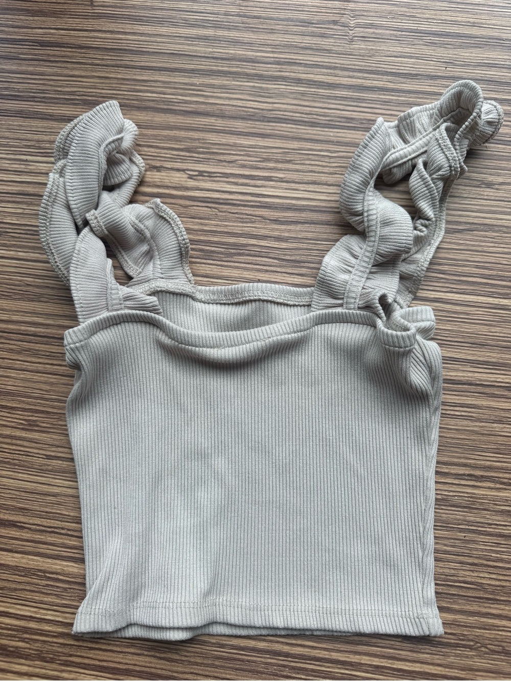 Beige Ruffle Strap Ribbed Crop Top - Picture 3 of 3
